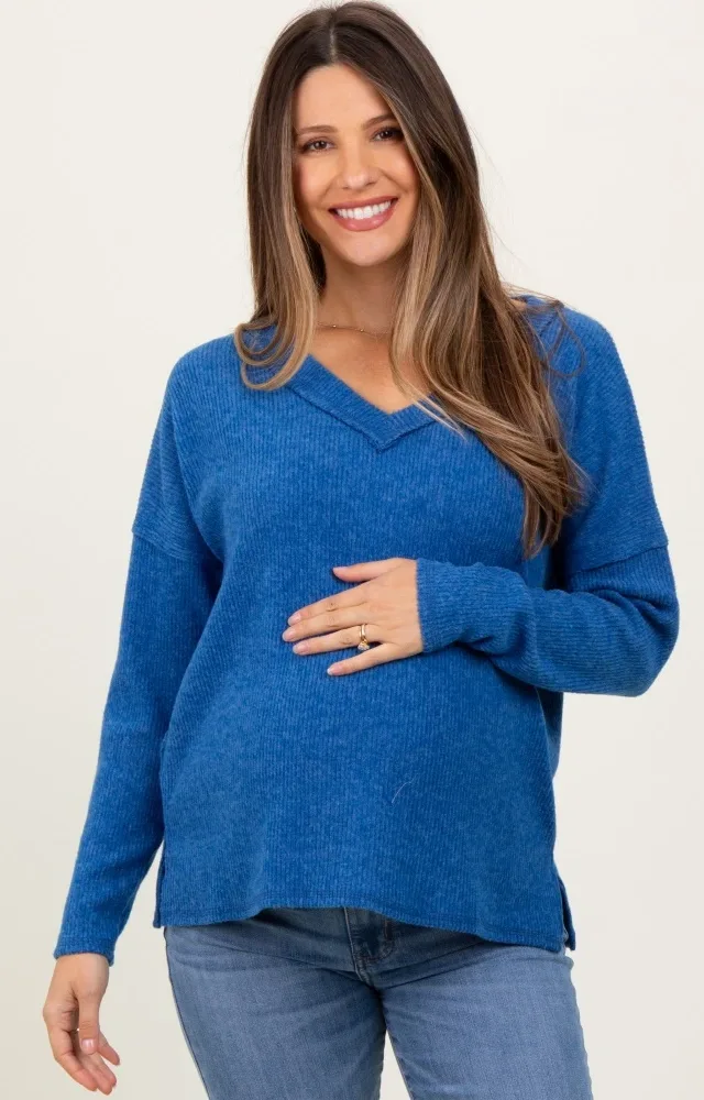 Royal Blue Ribbed V-Neck Long Sleeve Maternity Top