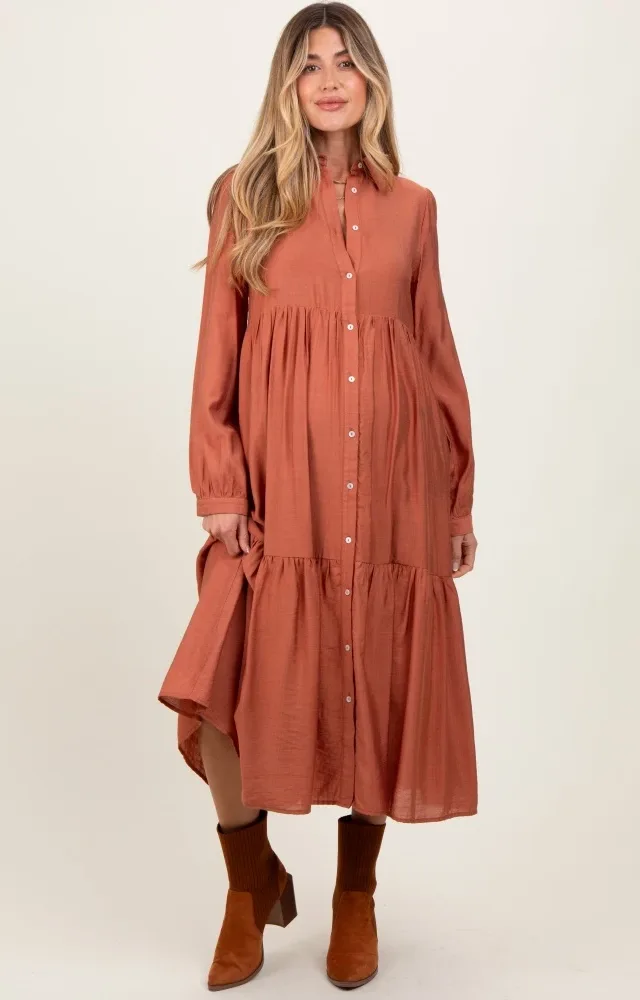 Rust Button Down Long Sleeve Maternity Midi Shirt Dress