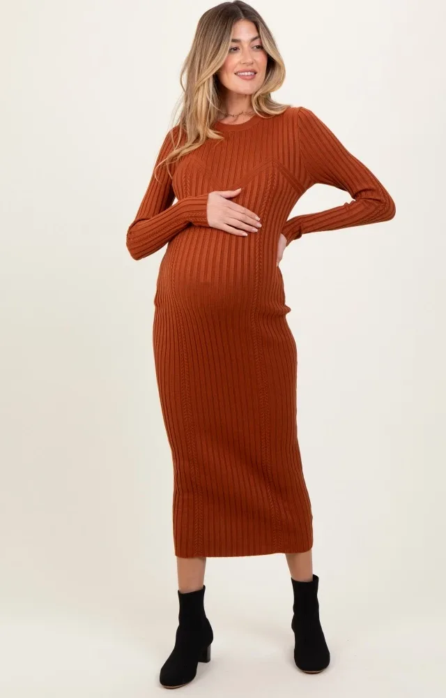 Rust Contrast Ribbed Knit Maternity Midi Dress