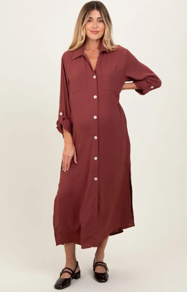 Rust Long Sleeve Button Down Maternity Maxi Dress