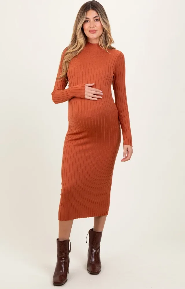 Rust Mock Neck Ribbed Maternity Sweater Dress