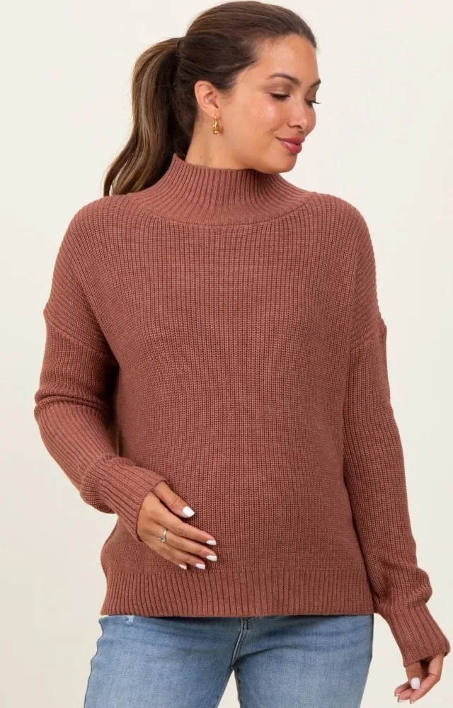 Rust Relaxed Mock Neck Maternity Sweater