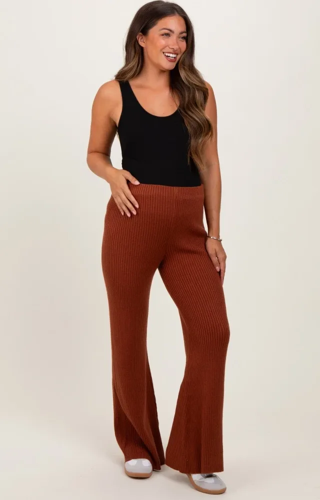 Rust Ribbed Knit Maternity Flare Pants