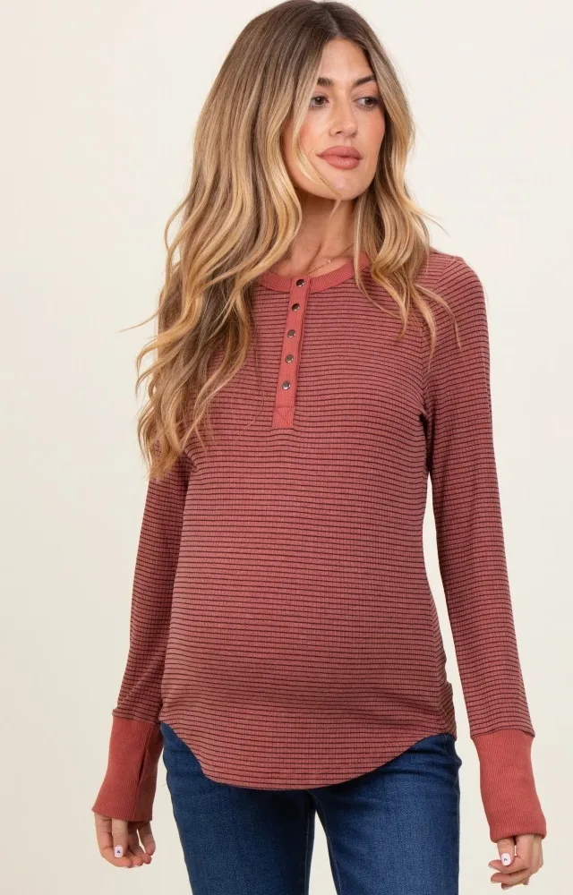 Rust Striped Snap Button Henley Maternity Top