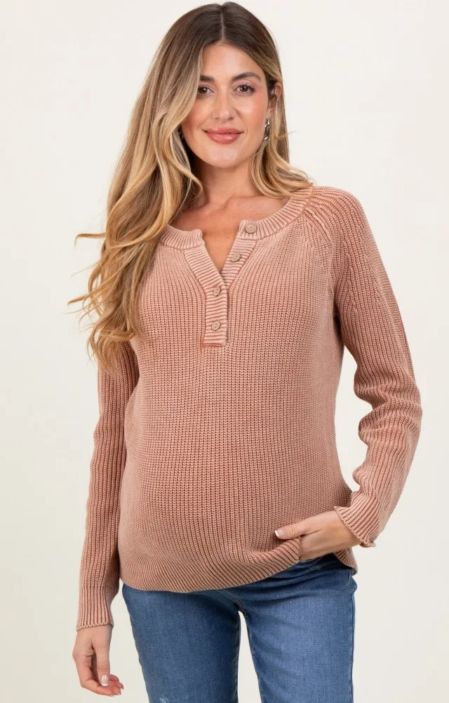 Rust Washed Knit Button Detail Maternity Sweater