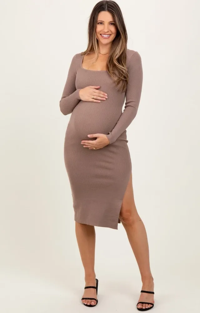 Taupe Knit Square Neck Side Slit Maternity Midi Dress