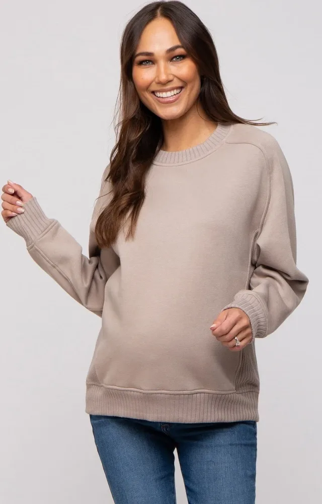 Taupe Pullover Maternity Terry Crewneck