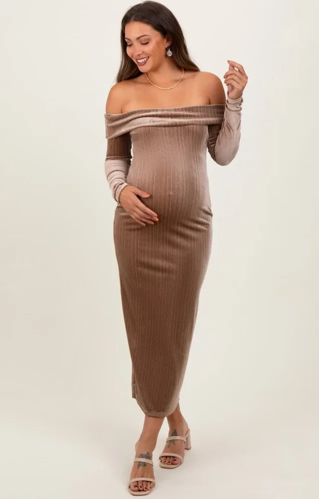 Taupe Shiny Velour Off Shoulder Maternity Midi Dress