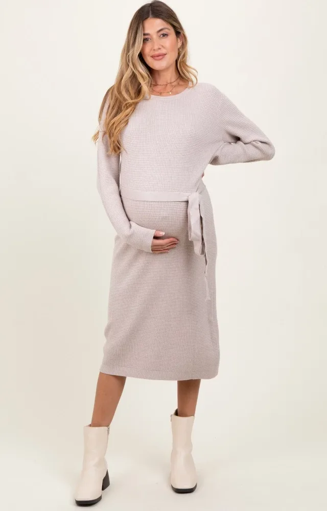 Taupe Waffle Knit Sash Tie Maternity Midi Sweater Dress