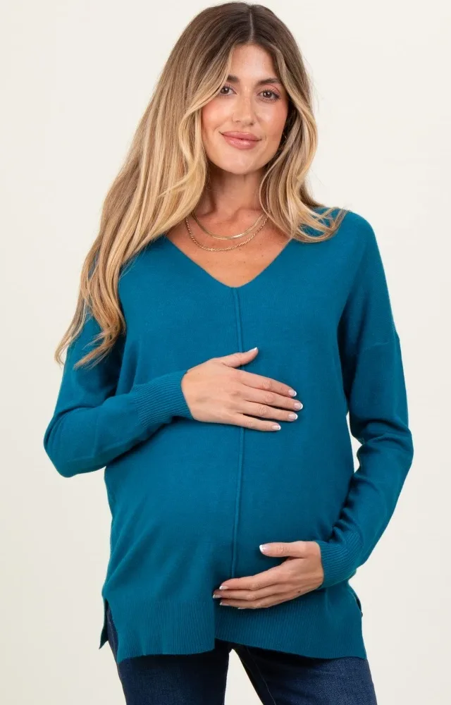 Teal Front Seam V-Neck Side Slit Maternity Sweater