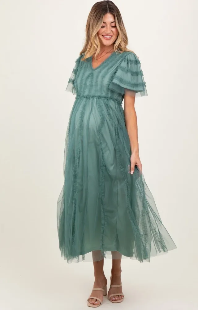 Teal Ruffle Accent Mesh Overlay Maternity Maxi Dress