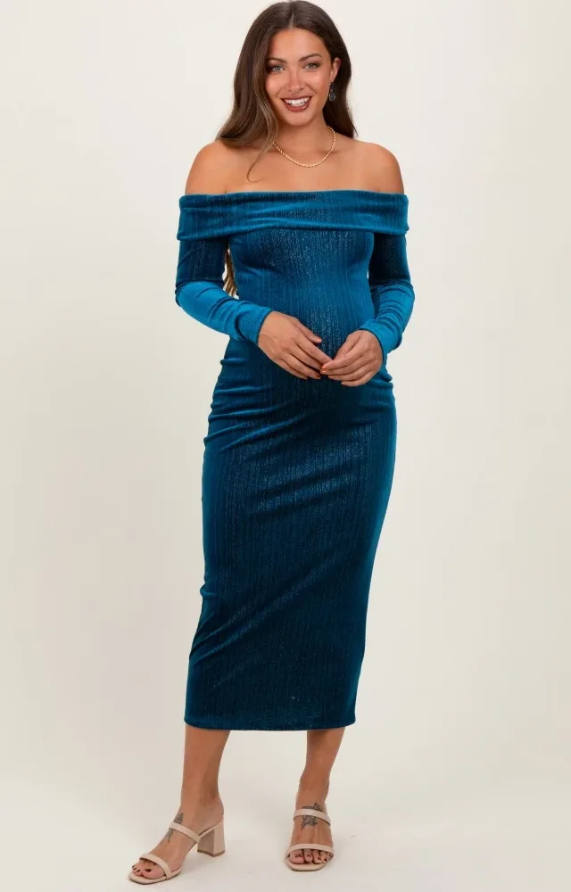 Teal Shiny Velour Off Shoulder Maternity Midi Dress