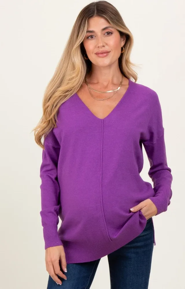 Violet Front Seam V-Neck Side Slit Maternity Sweater