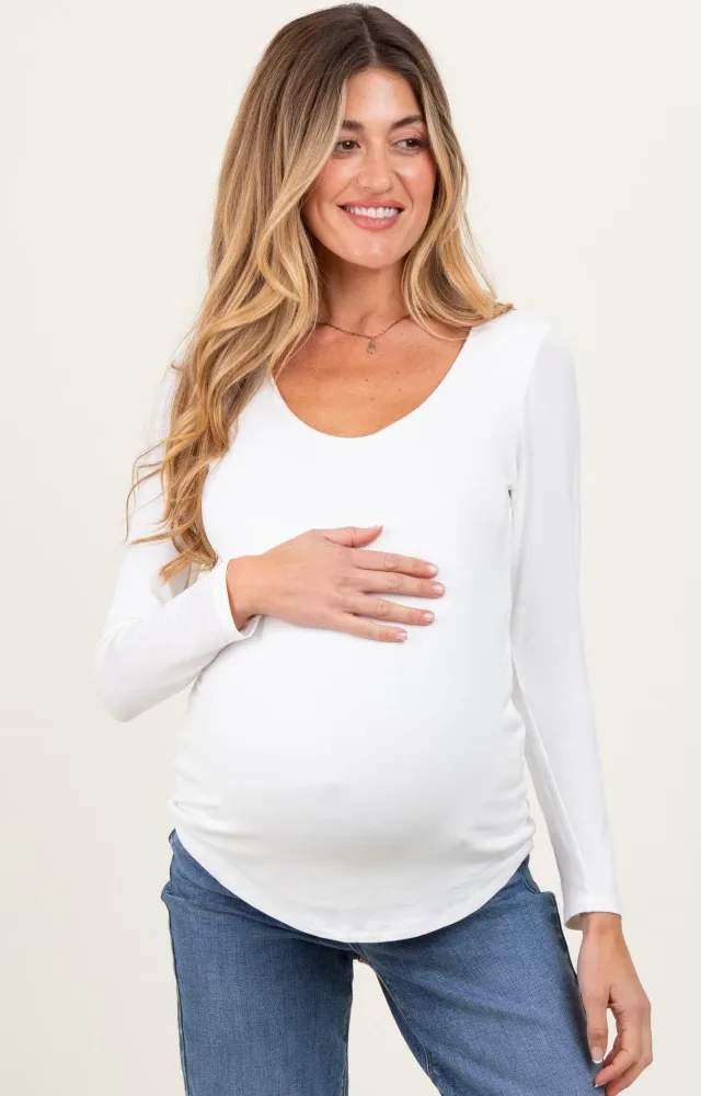 White Basic Scoop Neck Long Sleeve Maternity Top