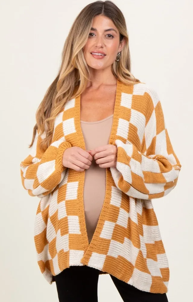 Yellow Checkered Oversized Maternity Cardigan