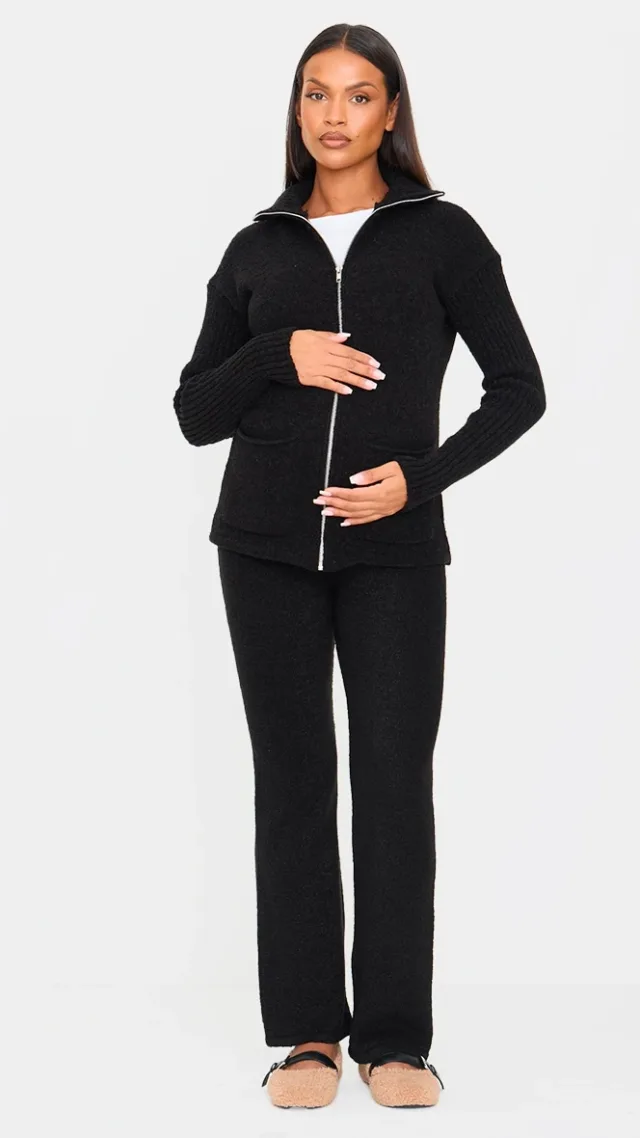 Maternity Black Boucle Knit Straight Leg Pants