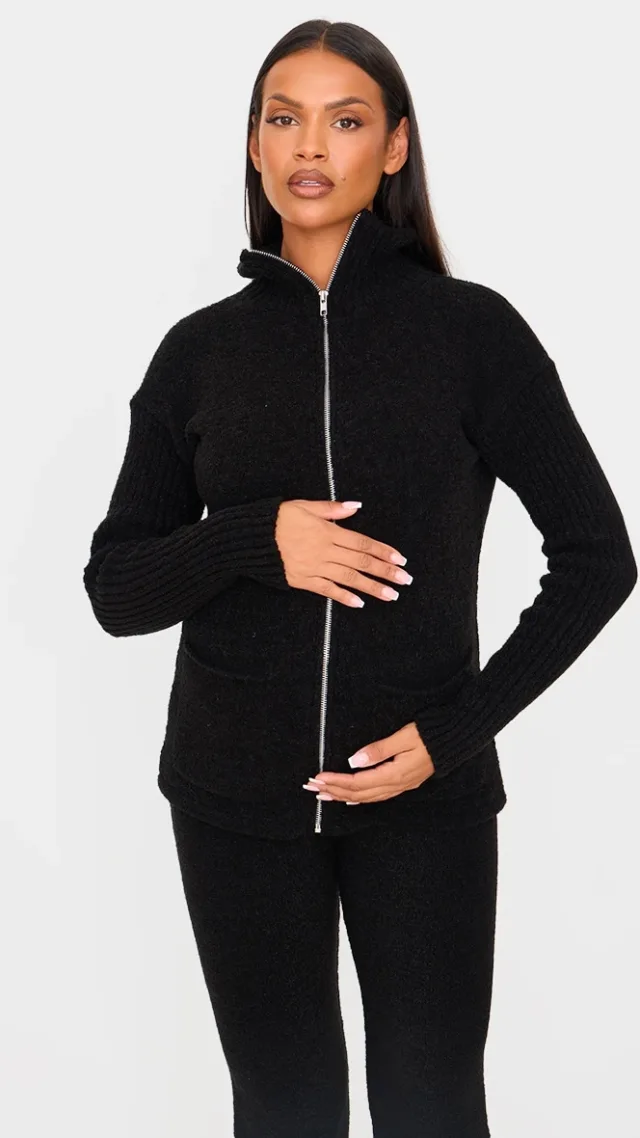 Maternity Black Boucle Knit Zip Up Long Sleeve Top