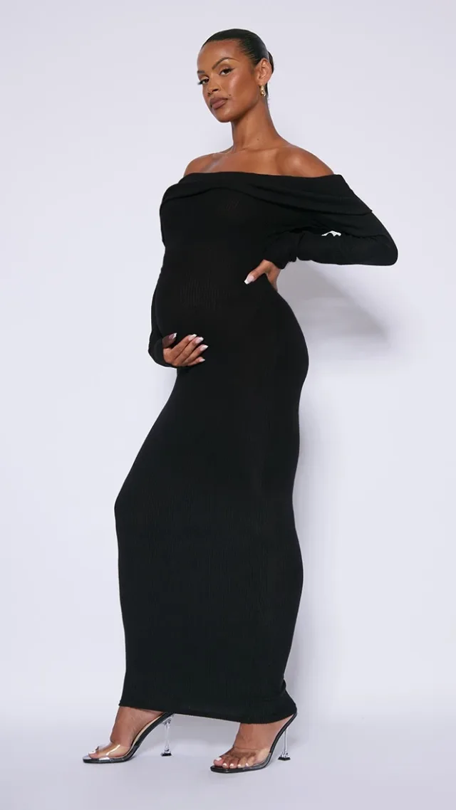 Maternity Black Brushed Rib Off The Shoulder Maxi Dress