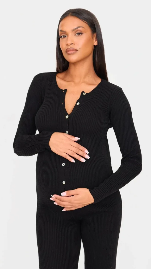 Maternity Black Button Up Long Sleeve Rib Knit Top