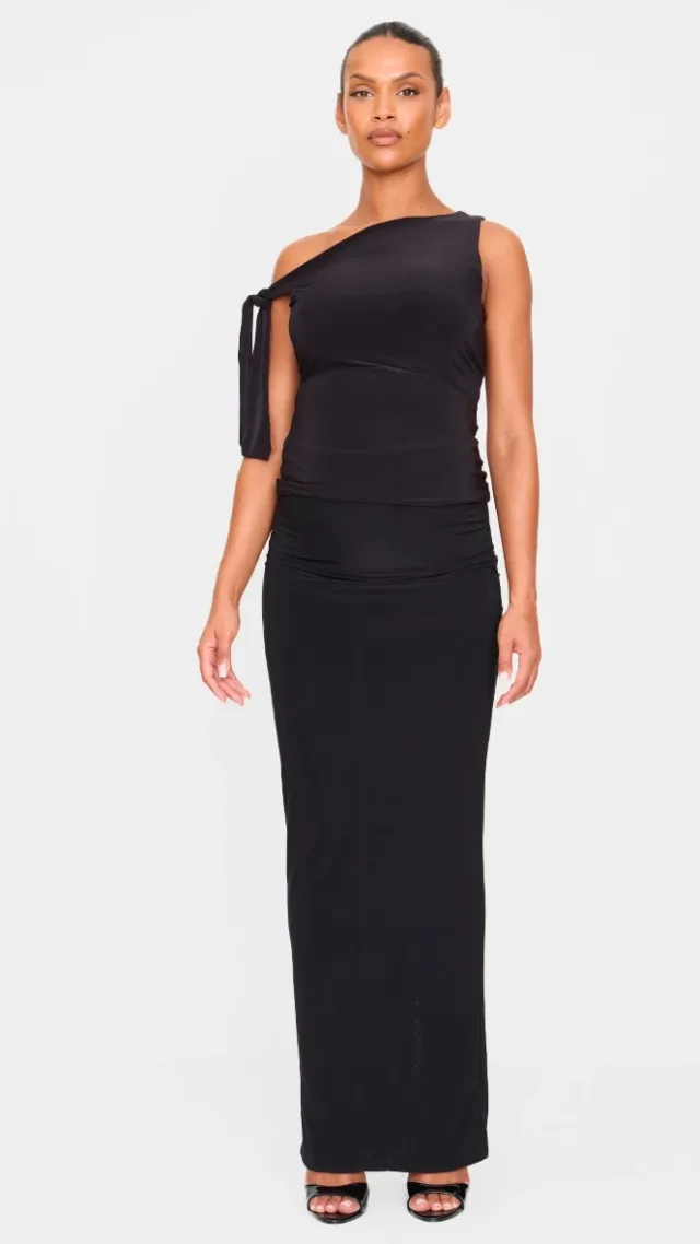 Maternity Black Double Layered Slinky Split Hem Maxi Skirt