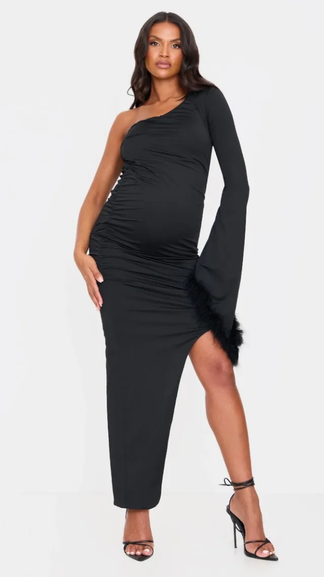 Maternity Black Feather Cuff One Sleeve Ruched Asymmetric Hem Dress