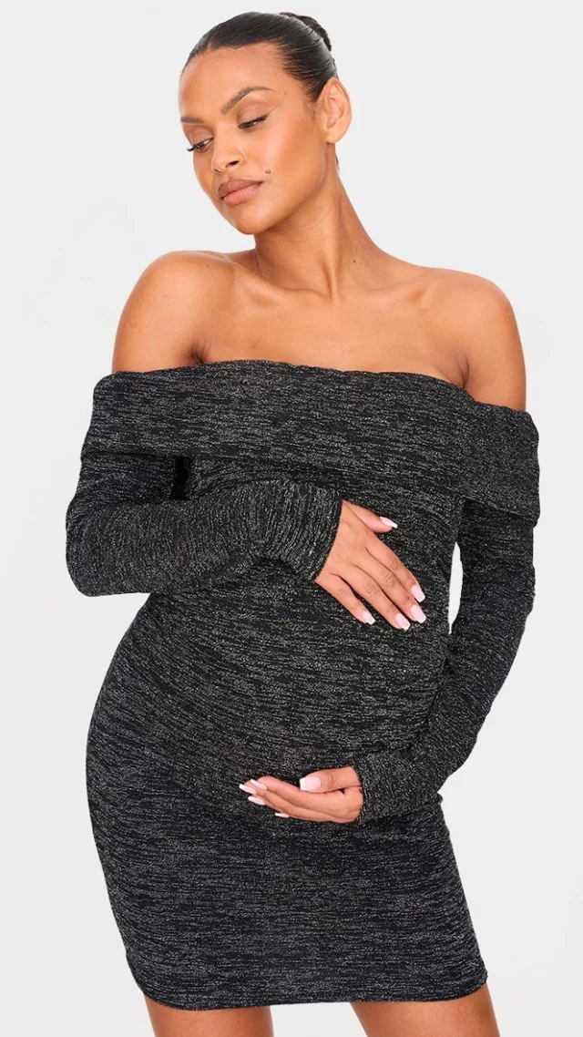 Maternity Black Glitter Bardot Mini Dress