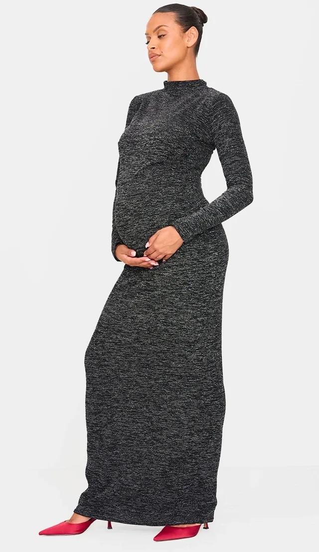 Maternity Black Glitter Long Sleeve Maxi Dress