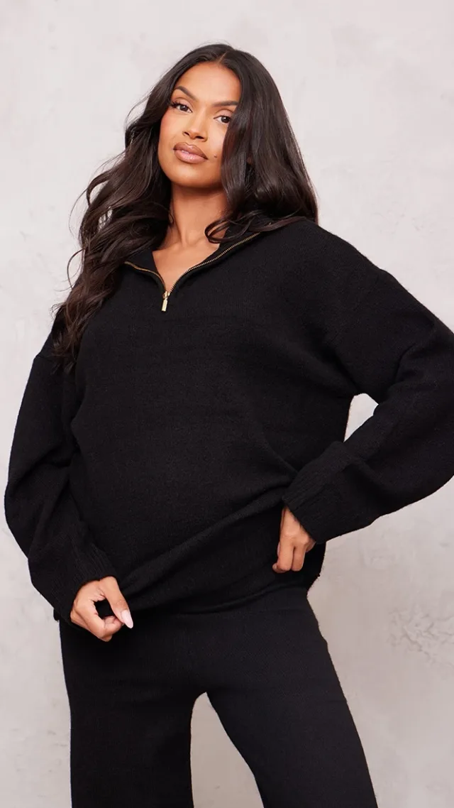 Maternity Black Knitted Slouchy Half Zip Sweater