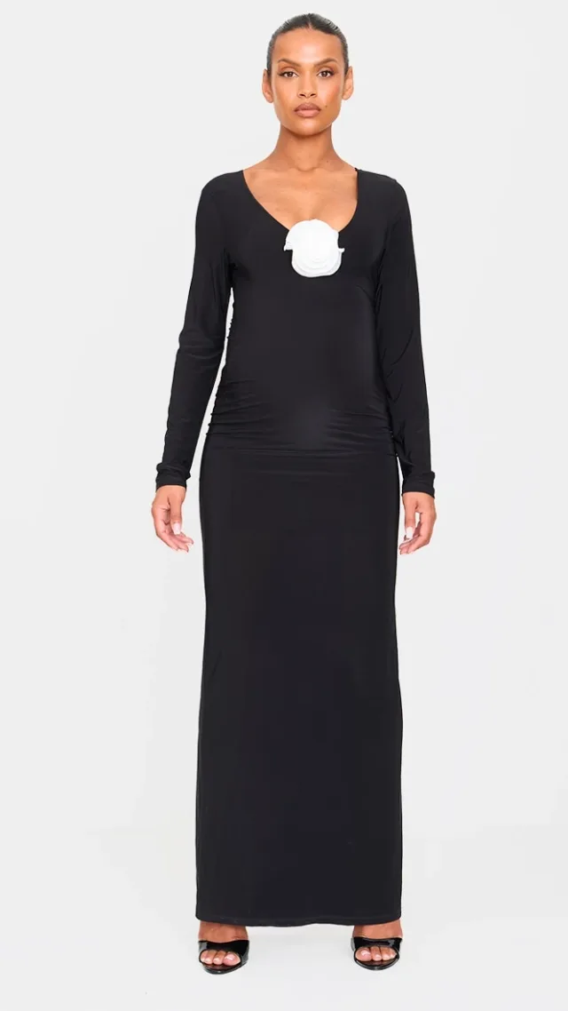 Maternity Black Rose Detail Long Sleeve Maxi Dress