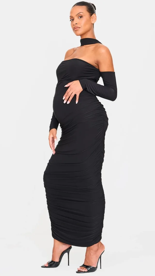 Maternity Black Slinky Choker Detail Ruched Midaxi Dress