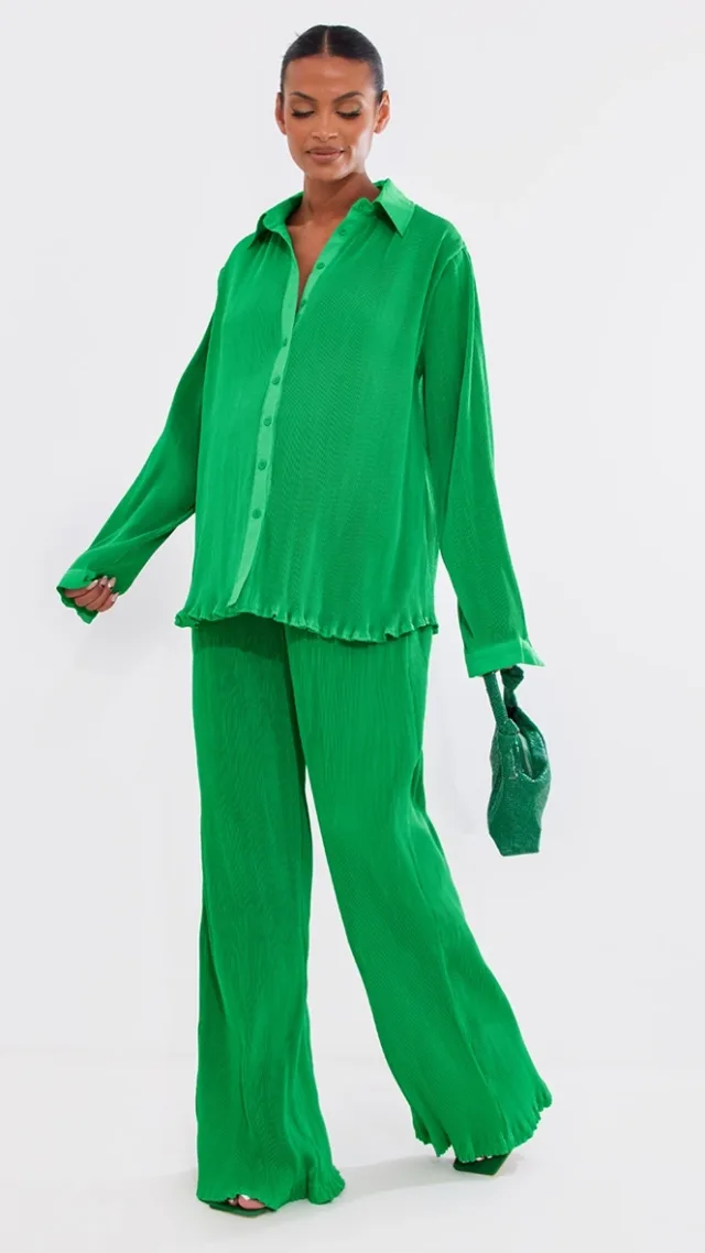 Maternity Bright Green Plisse High Waisted Wide Leg Pants