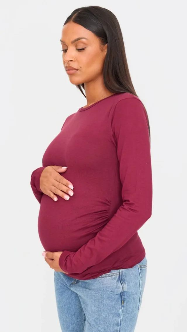 Maternity Burgundy Crew Neck Long Sleeve Fitted Top