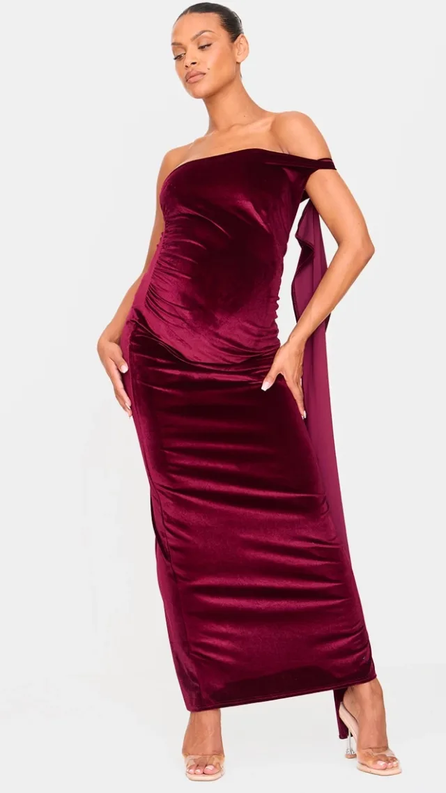 Maternity Burgundy Velvet One Shoulder Drape Detail Maxi Dress