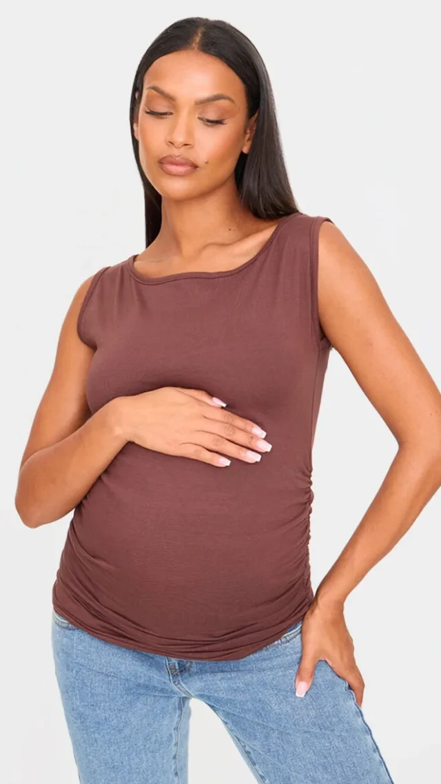 Maternity Chocolate Boat Neck Ruched Sleeveless Top