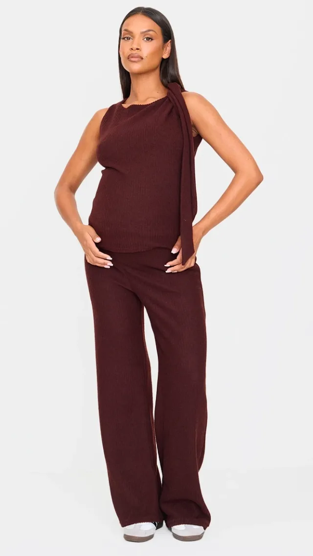 Maternity Chocolate Brushed Rib Wide Leg Pants