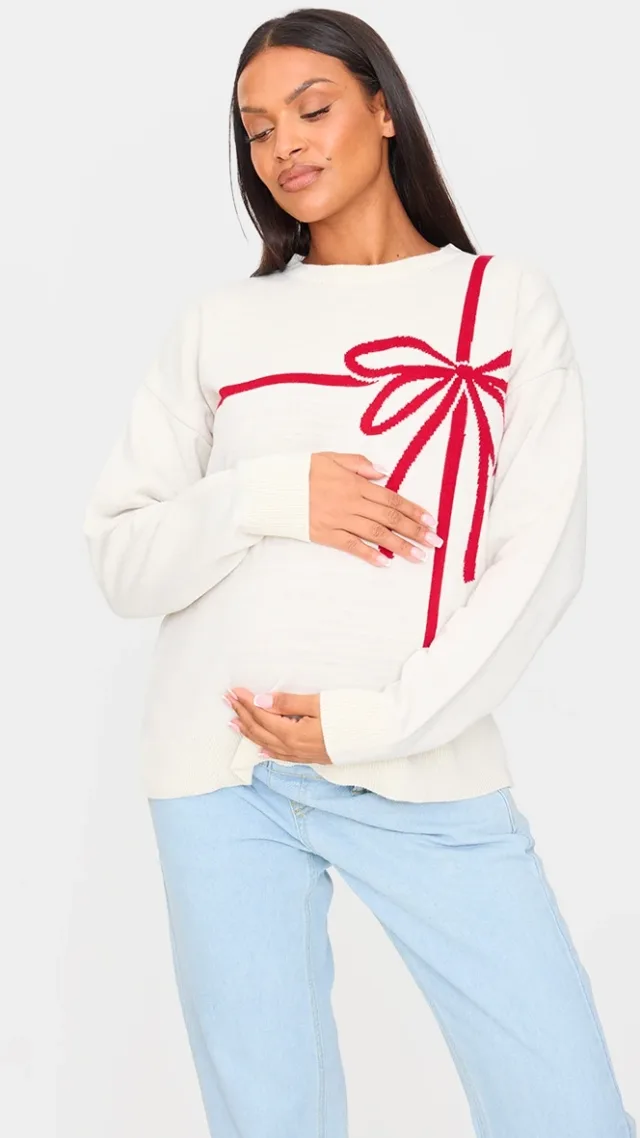 Maternity Cream Bow Detail Oversized Christmas Sweater