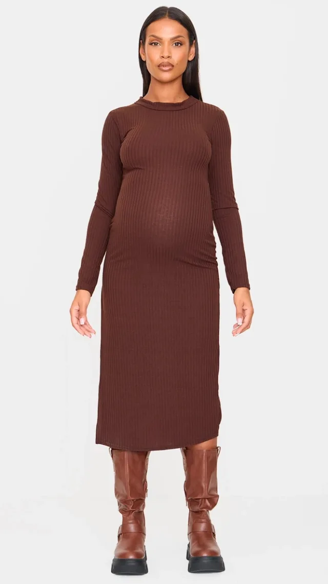 Maternity Dark Chocolate Ribbed Long Sleeve Midi Dress