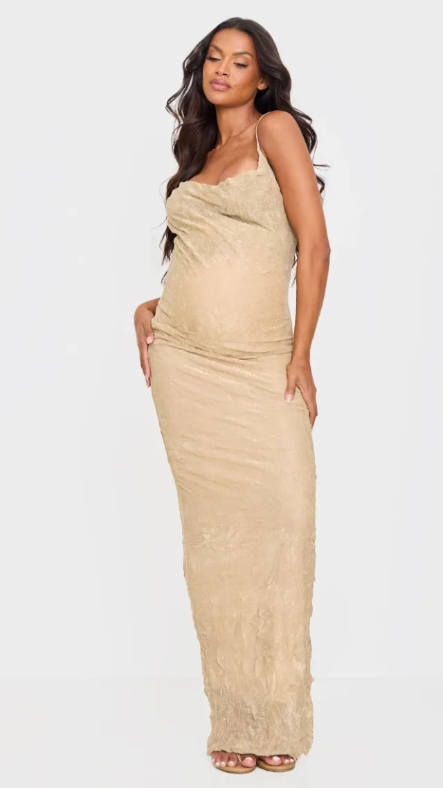 Maternity Gold Glitter Mesh Cowl Neck Maxi Dress