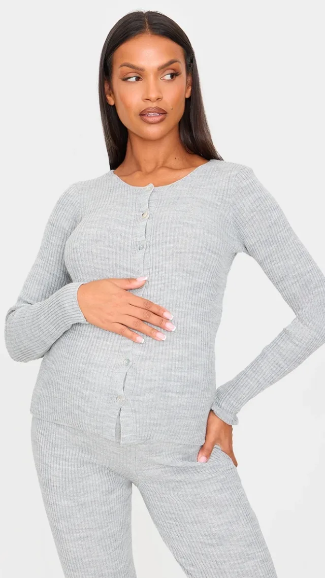 Maternity Grey Button Up Long Sleeve Rib Knit Top