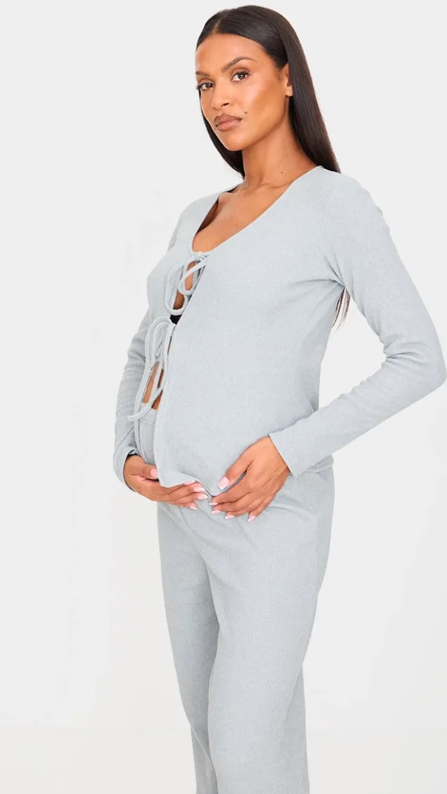 Maternity Grey Marl Brushed Rib Long Sleeve Tie Front Top