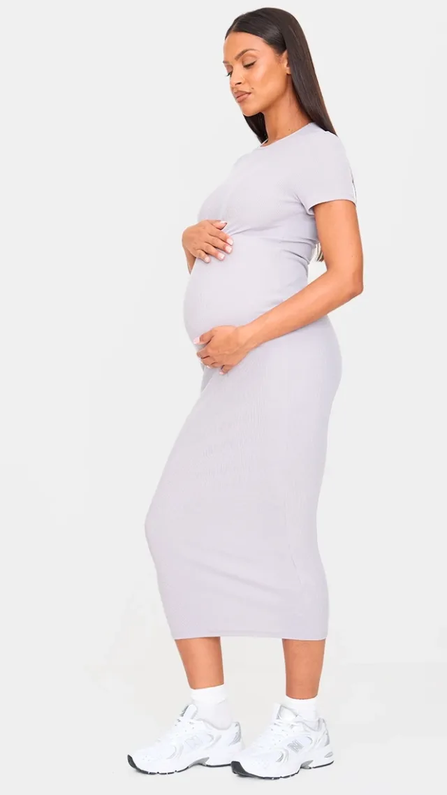 Maternity Grey Marl Rib Crew Neck Midi Dress