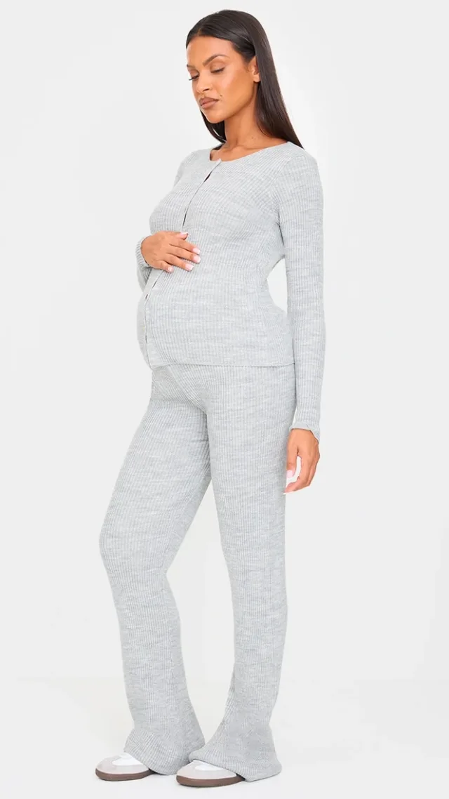 Maternity Grey Rib Knit Flared Pants