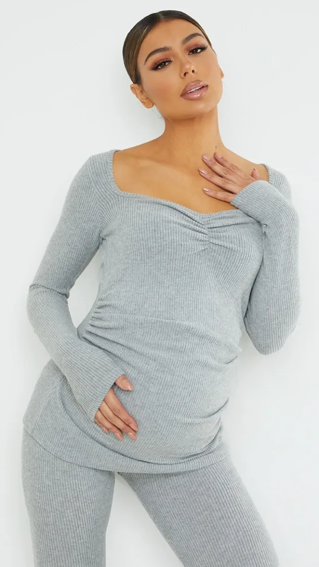 Maternity Grey Ruched Bust Brushed Rib Top