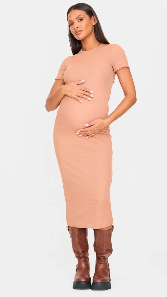 Maternity Mocha Rib Crew Neck Midi Dress