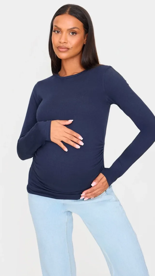 Maternity Navy Crew Neck Long Sleeve Fitted Top