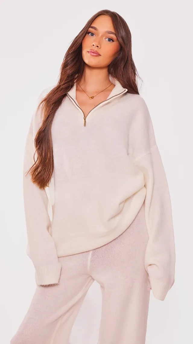 Maternity Oatmeal Knitted Slouchy Half Zip Sweater