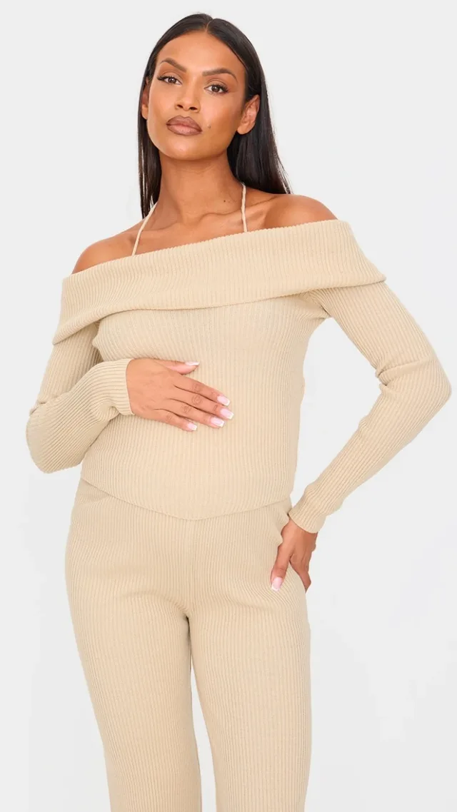 Maternity Oatmeal Rib Knit Bardot Long Sleeve Top