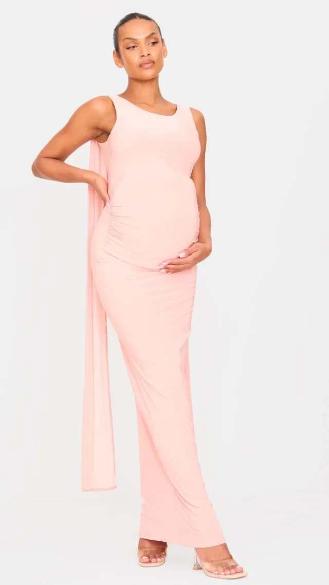 Maternity Pink Slinky Drape Detail Maxi Dress