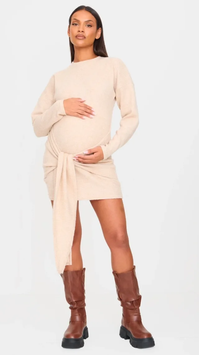 Maternity Stone Brushed Waffle Tie Front Mini Dress