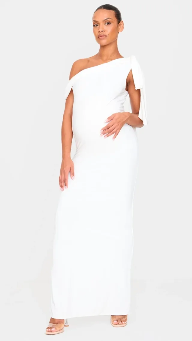 Maternity White Slinky Asymmetric Drape Detail Maxi Dress